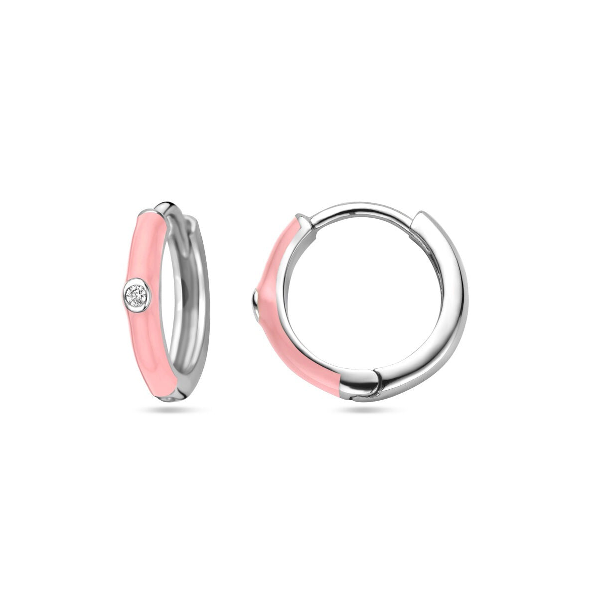Boucles d'oreilles pour femme en argent avec zircone et émail rose – rhodié 15 mm