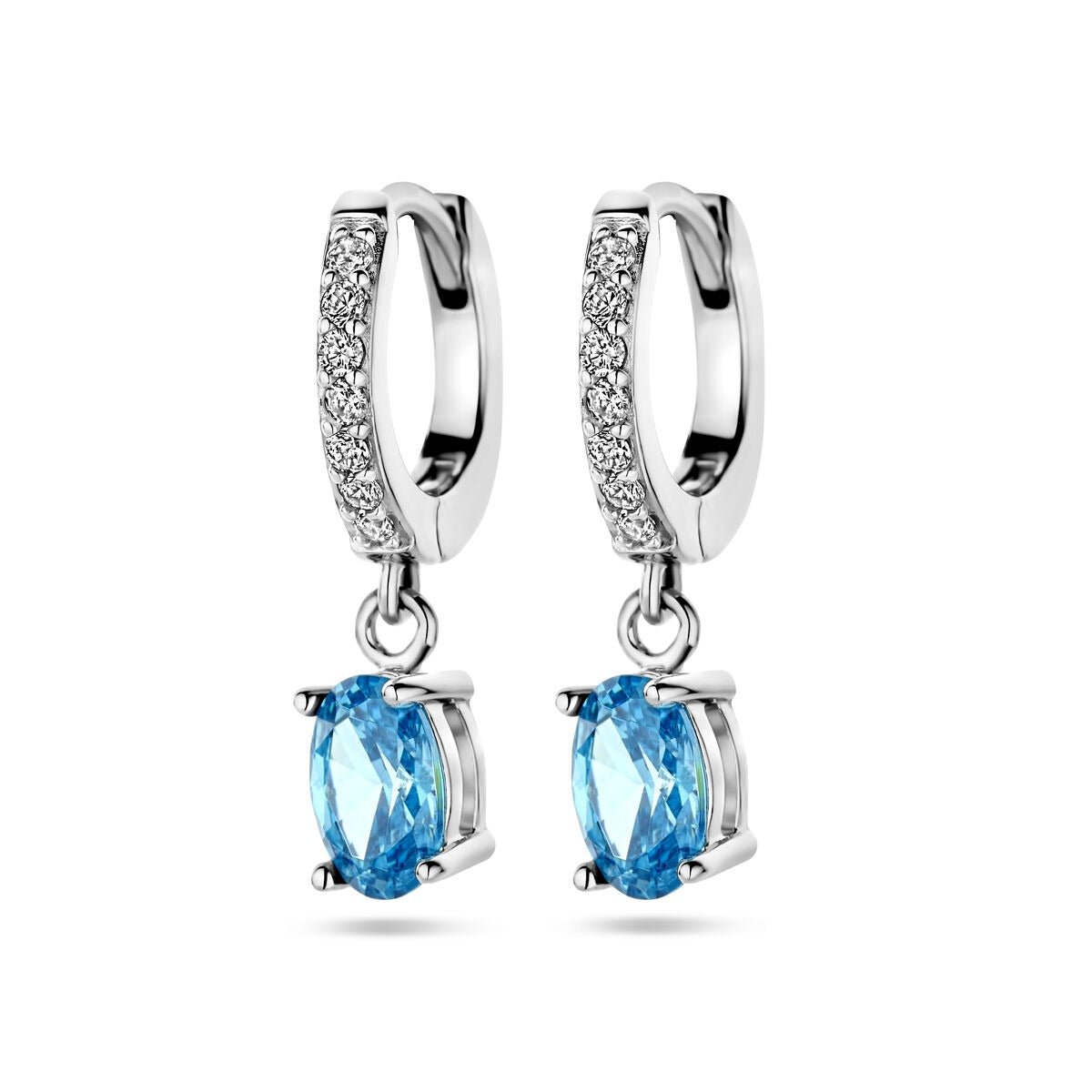 Boucles d'oreilles en argent rhodié avec zirconias blanches et bleues.
