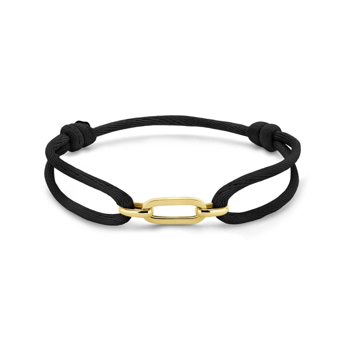 Bracelet noir tressé pour femme avec maillon en or jaune 14 carats – ajustable de 13 à 26 cm.