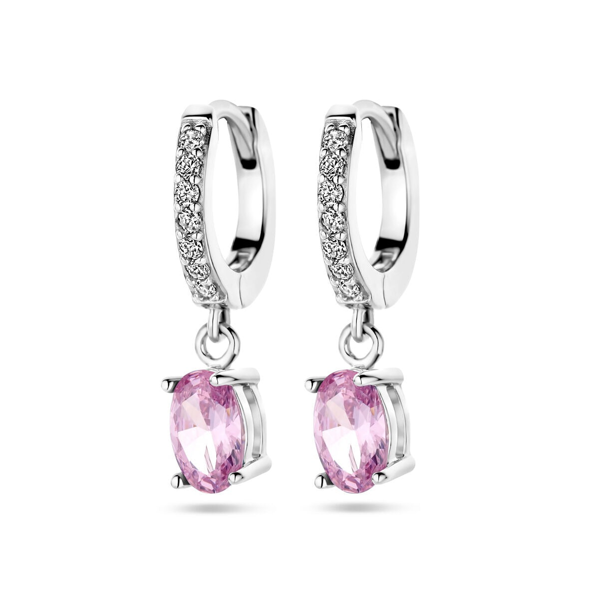 Boucles d'oreilles en argent rhodié avec zirconiums roses et blancs, forme ovale.