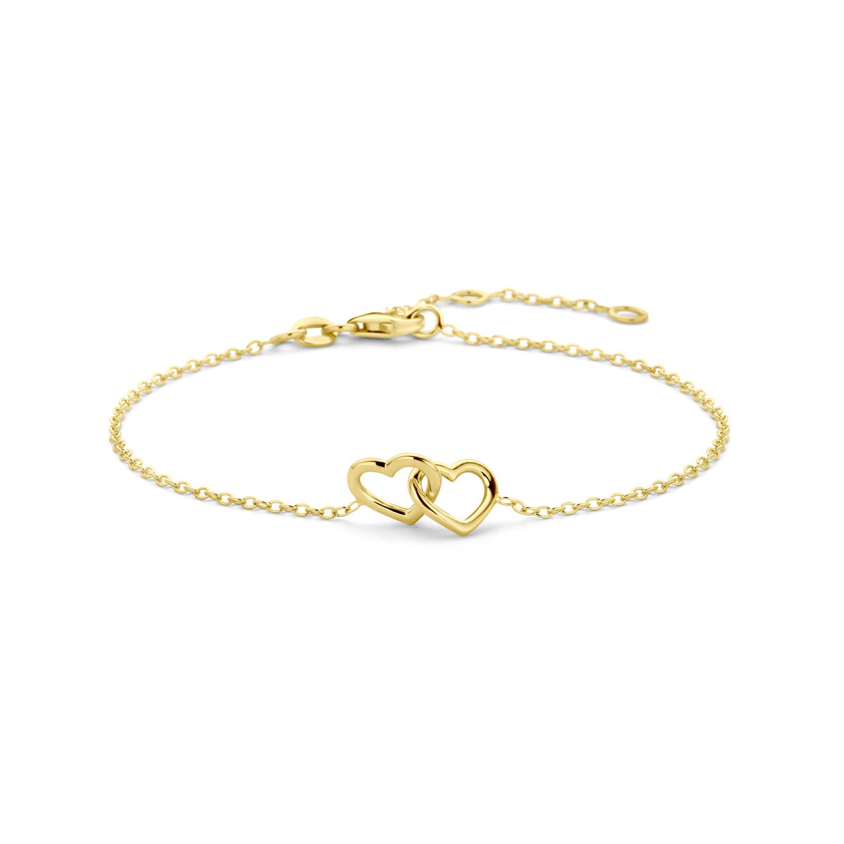Bracelet en or jaune 14 carats avec deux cœurs entrelacés.