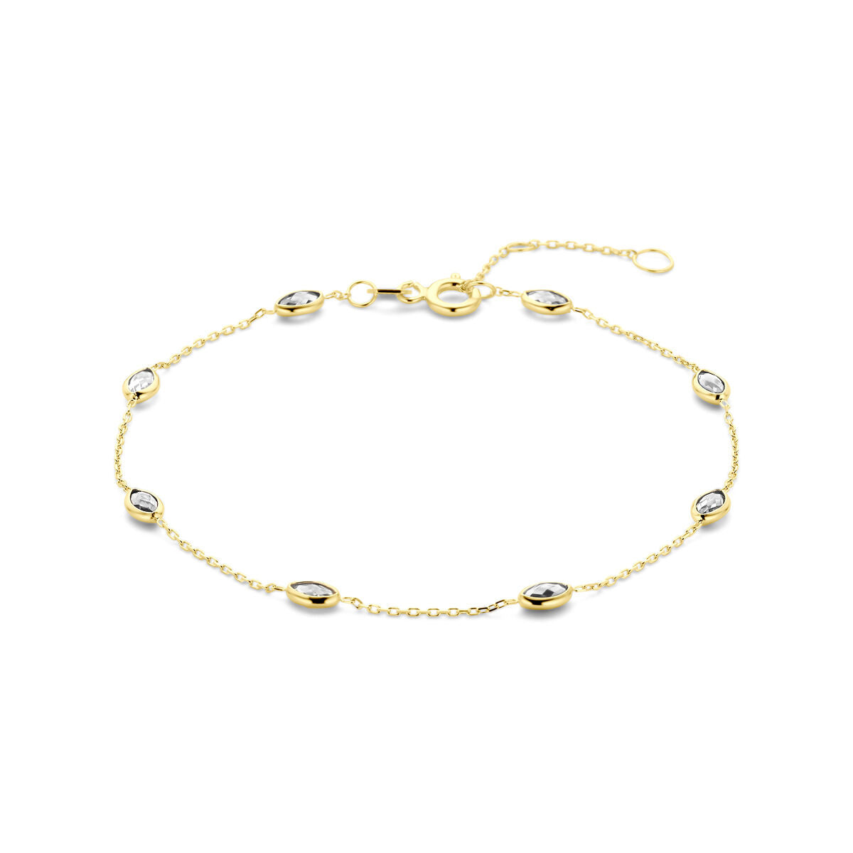 Bracelet en or jaune 14 carats avec des zirconias, ornée de maillons ovales.