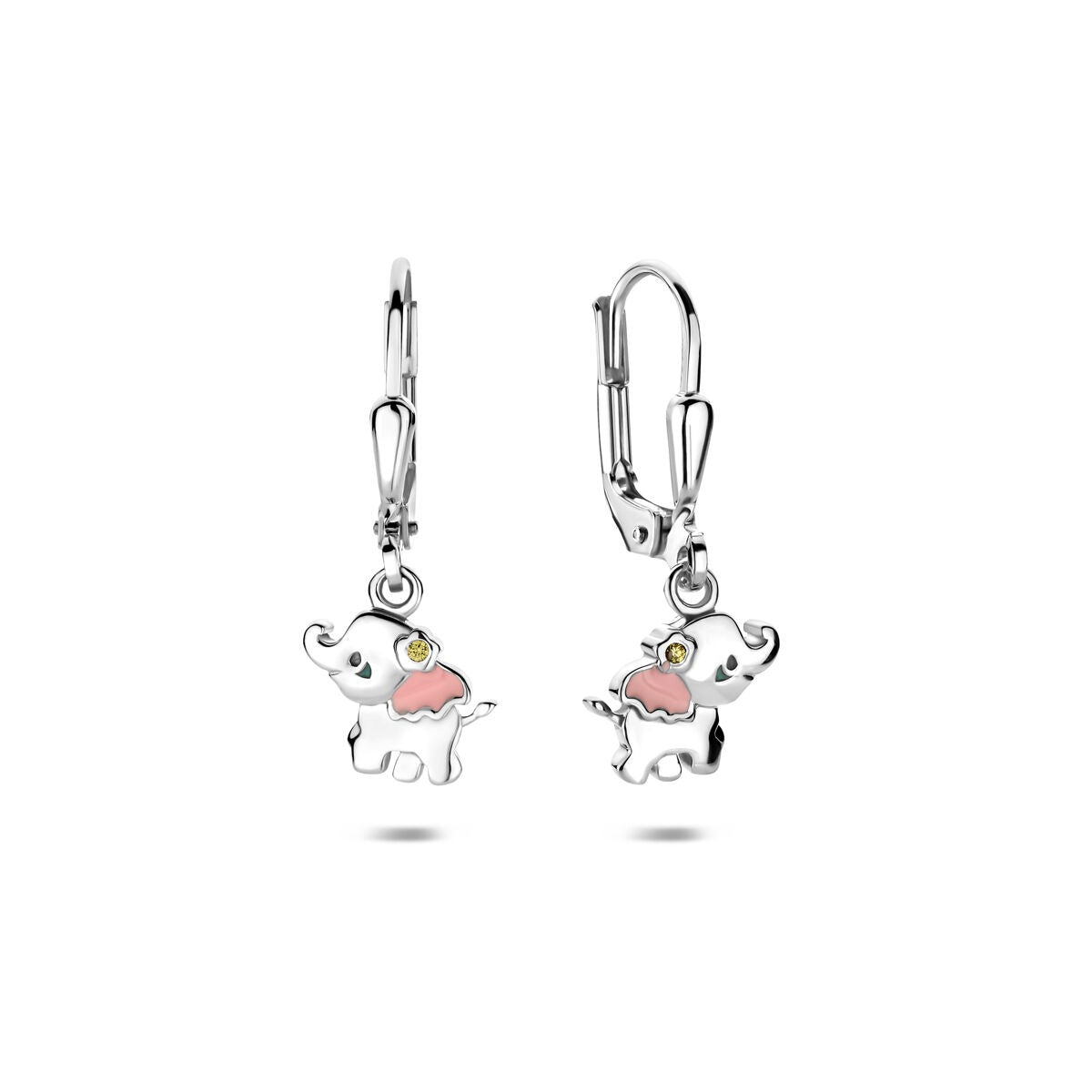 Boucles d'oreilles en argent rhodié 925 représentant des éléphants, avec émail et zirconia, mesurant 23 mm.