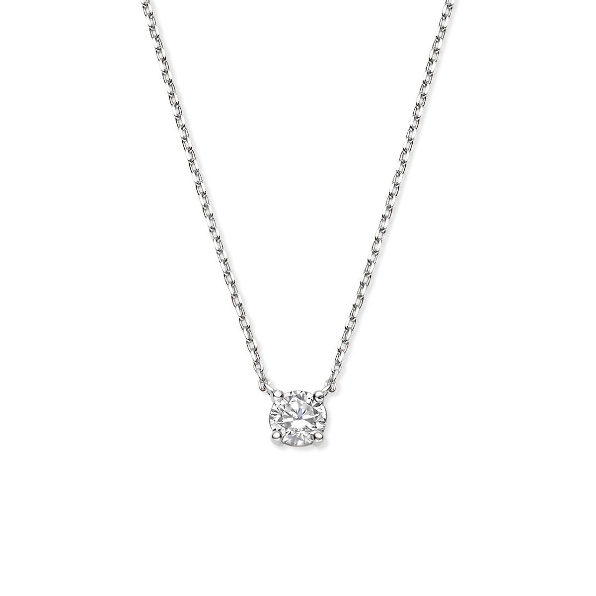 Collier en or blanc 14 carats avec zirconium, chaîne à maillons ancrés et pendentif carré.