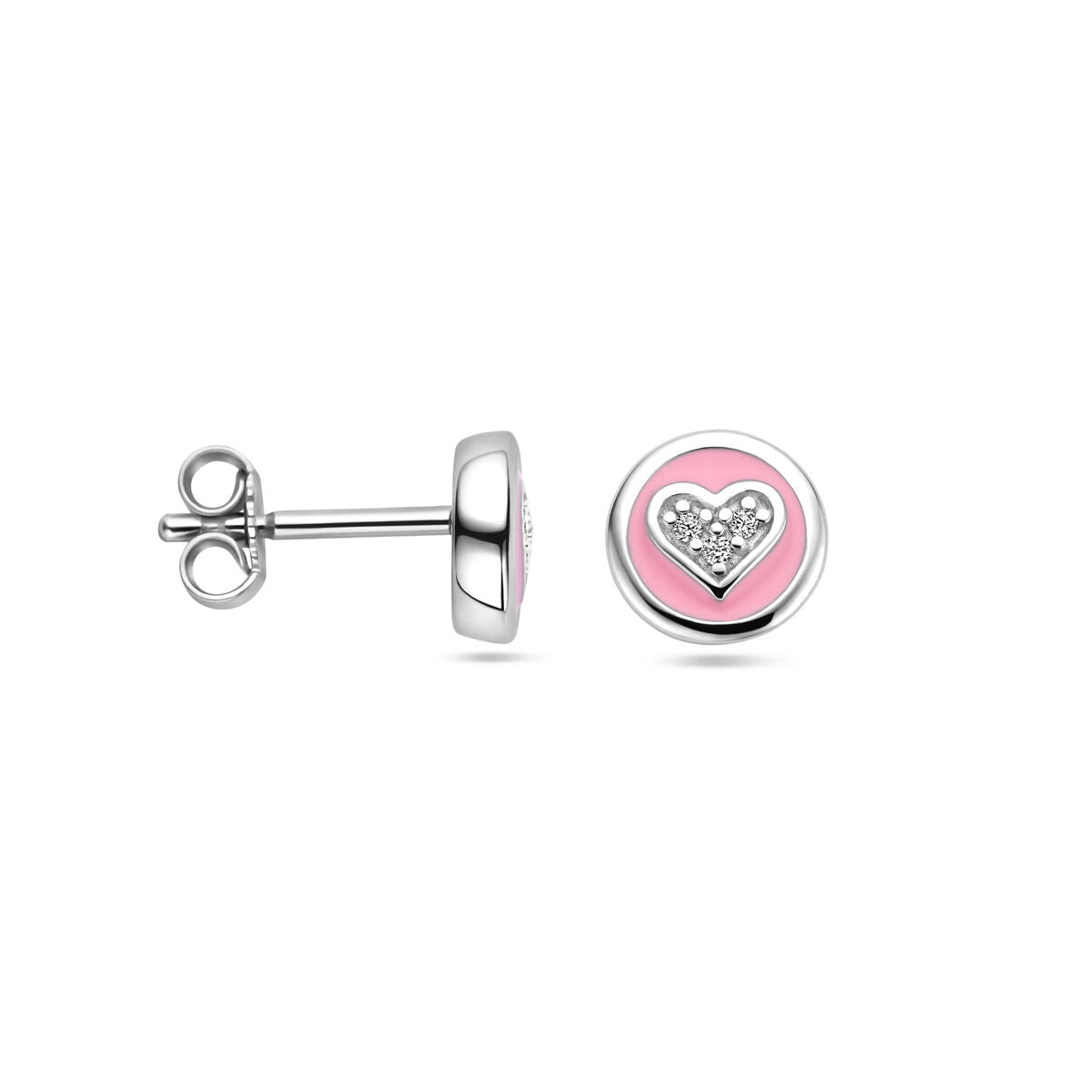 Puces d'oreilles en argent pour enfant avec émail rose et cœur en zircone