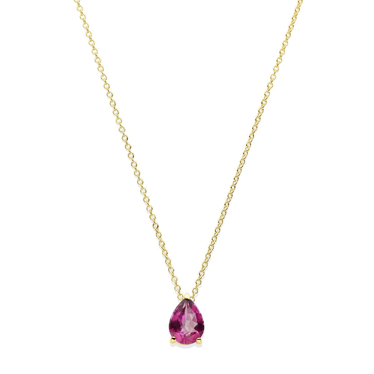 Collier en or jaune 14 carats avec topaze rose en forme de goutte.
