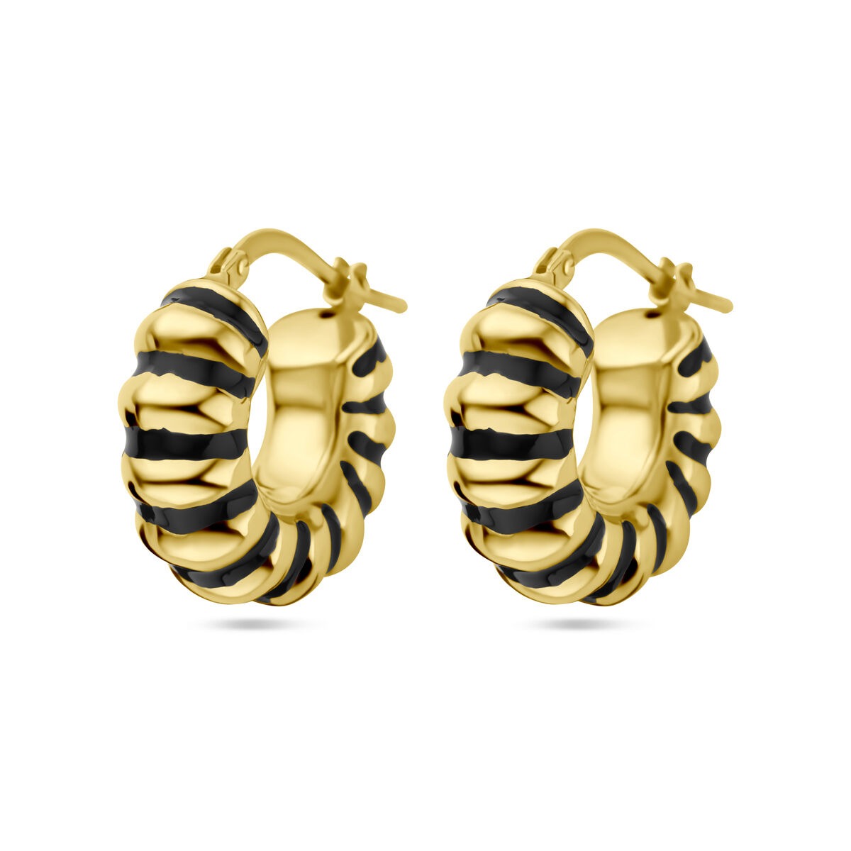 Boucles d'oreilles en argent doré à l'or jaune avec émail noir, en forme de créoles ondulées.