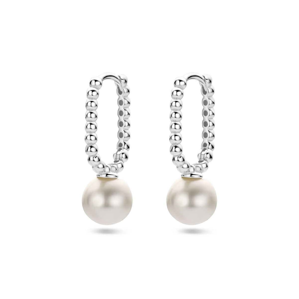 Boucles d'oreilles en argent rhodié avec perles synthétiques, forme ronde, 20 mm.