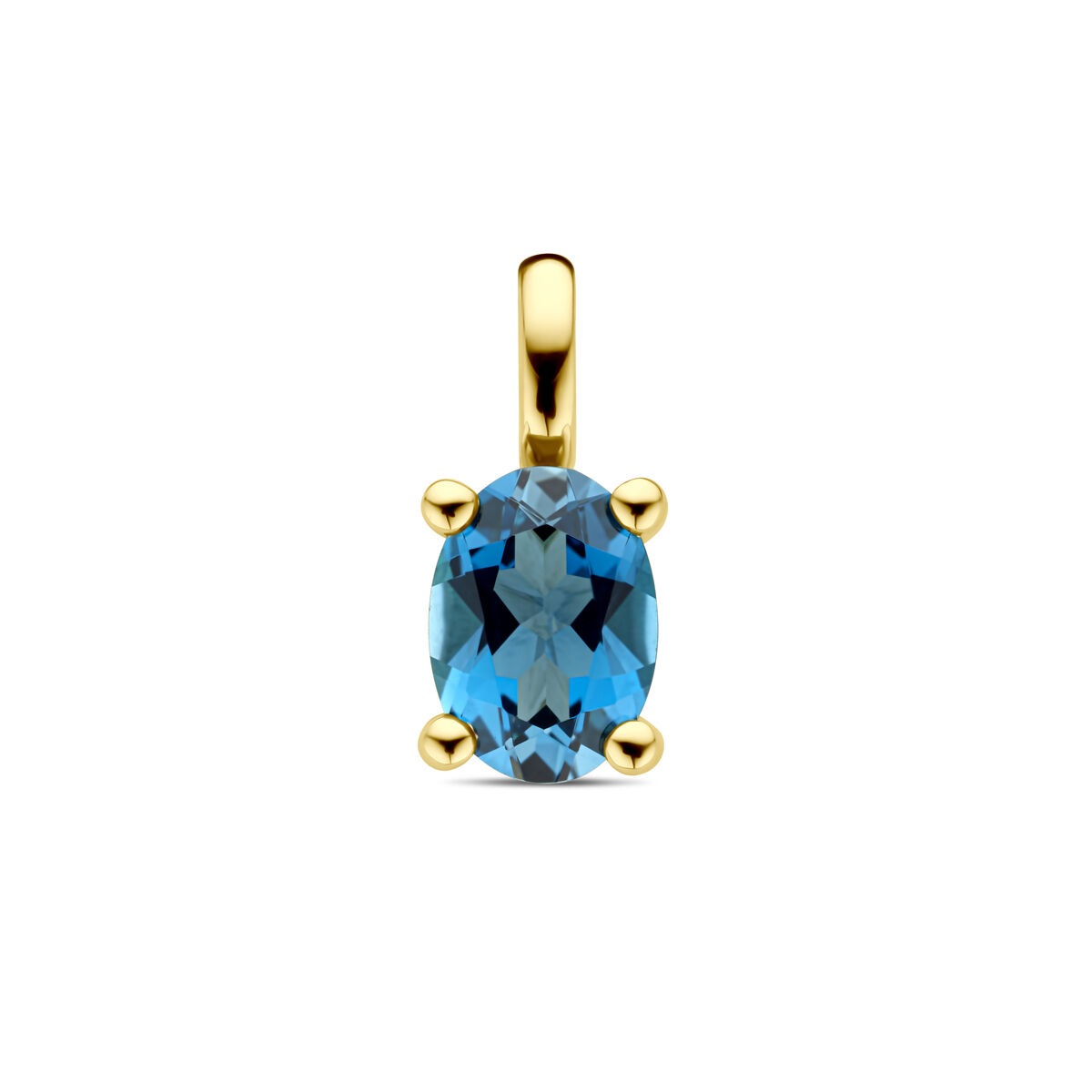 Pendentif en or jaune 14 carats avec topaze London Blue, taille ovale, serti de quatre griffes.