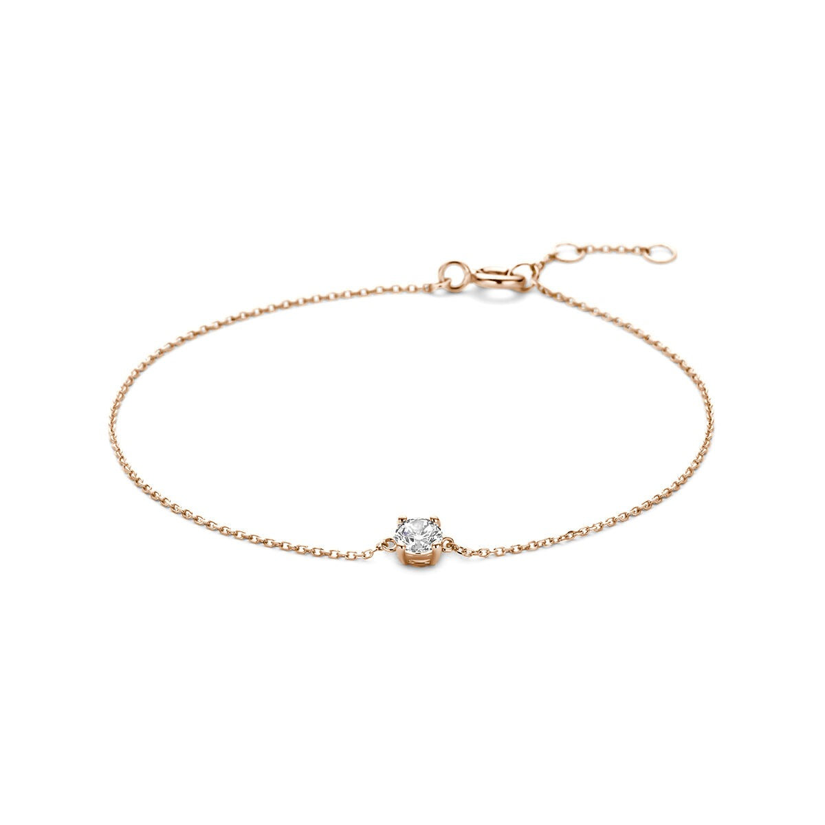 Bracelet en or rose 14 carats avec zirconia, maillon ancre, longueur ajustable de 16,5 à 18,5 cm.