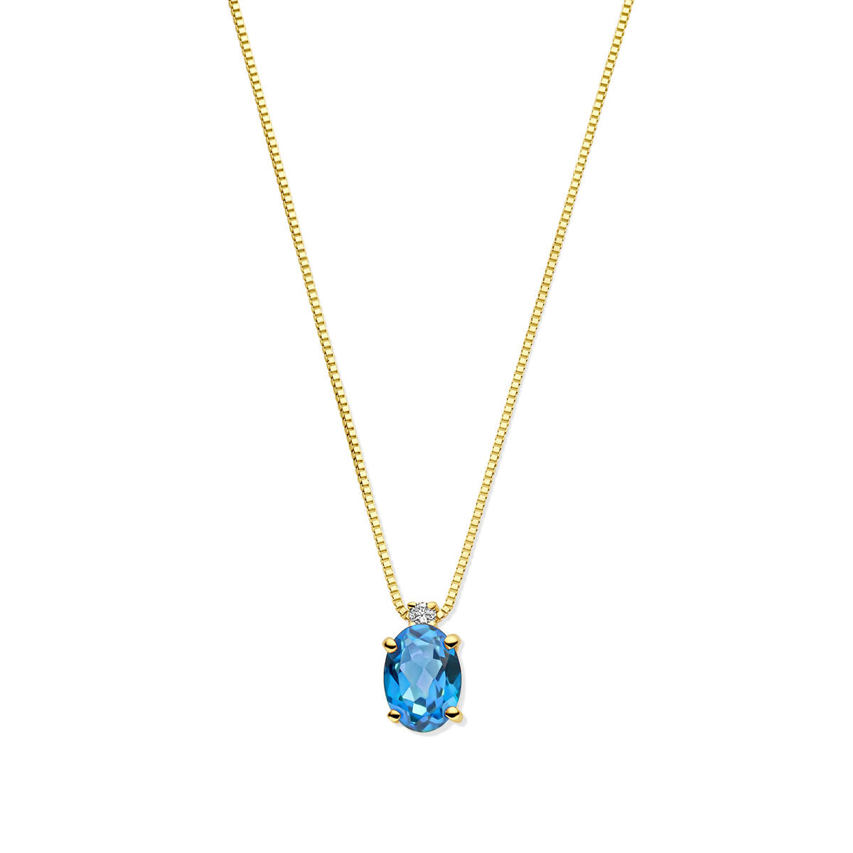 Collier en or jaune 14 carats avec topaze London Blue et diamant.