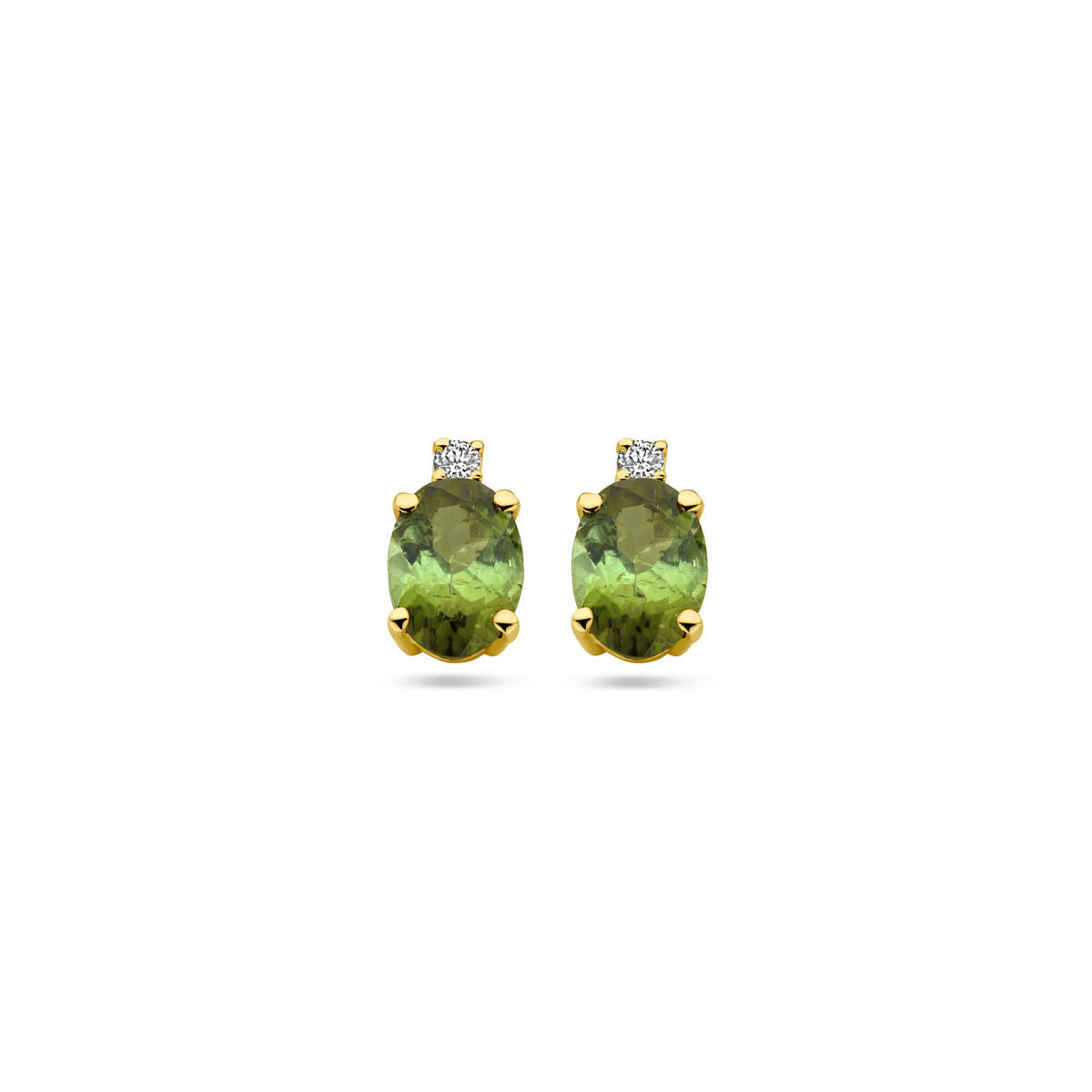 Boucles d'oreilles en or jaune 14 carats avec tourmaline verte et diamant.