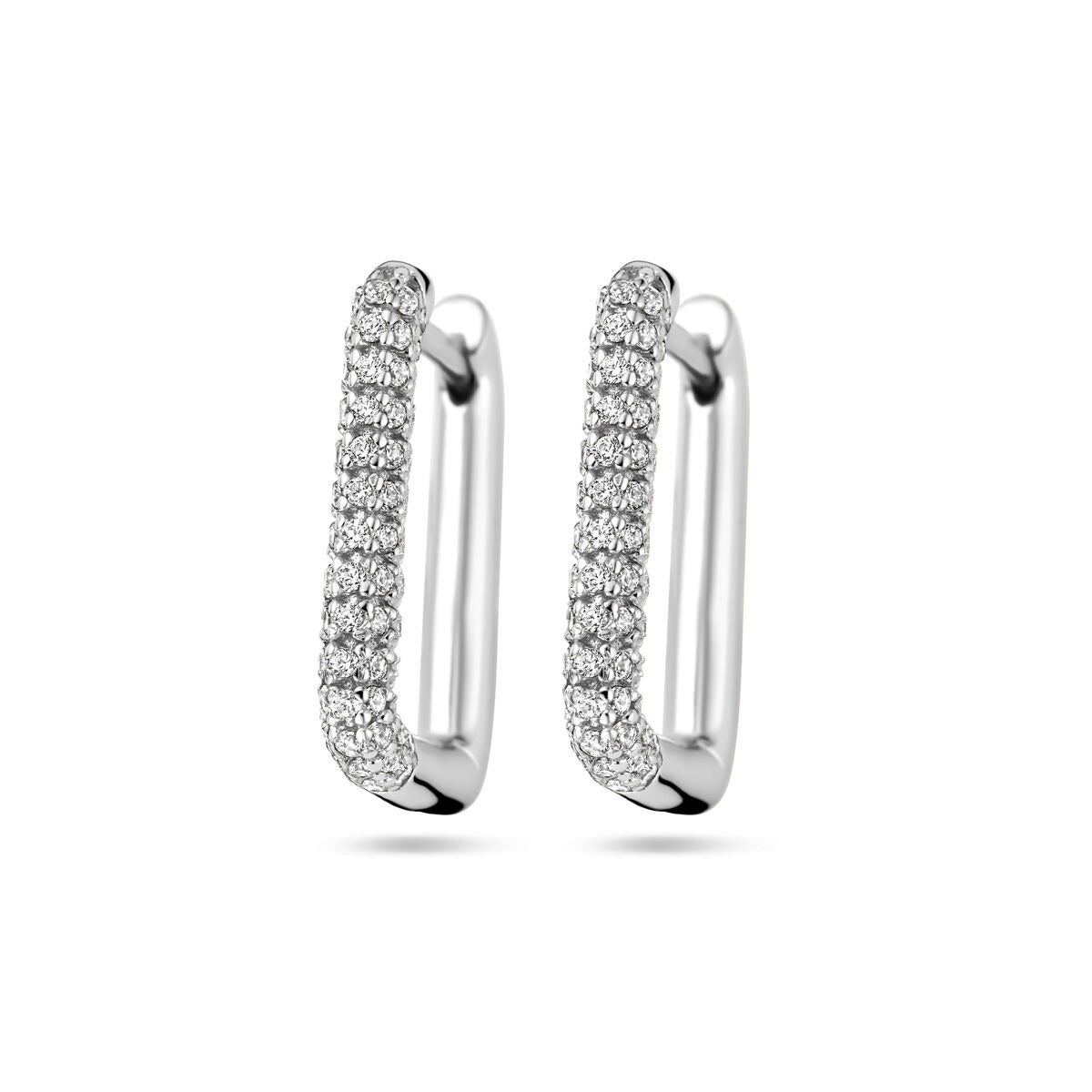 Boucles d'oreilles en argent rhodié 925 avec zircons, de forme légèrement courbée et ornées de pierres brillantes.