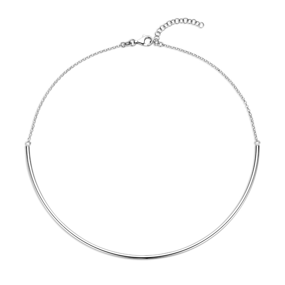 Collier en argent rhodié de 2,5 mm, longueur de 38,5 cm avec une extension de 5 cm.