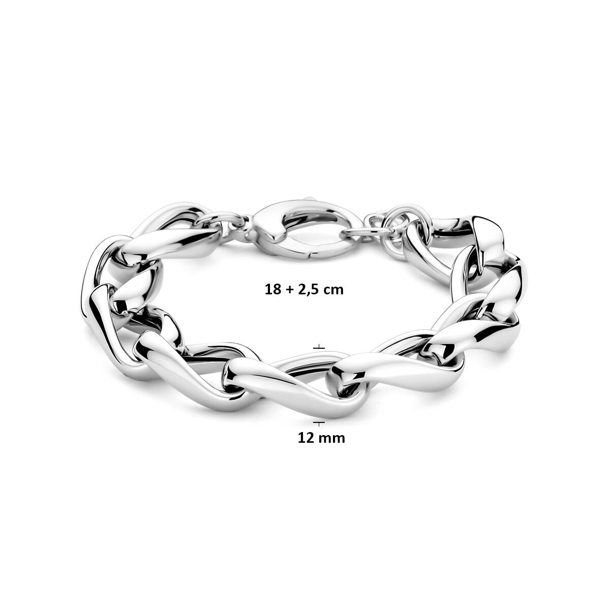 Bracelet pour femme en argent rhodié 925 avec mailles rondes 12 mm 18 + 2,5 cm