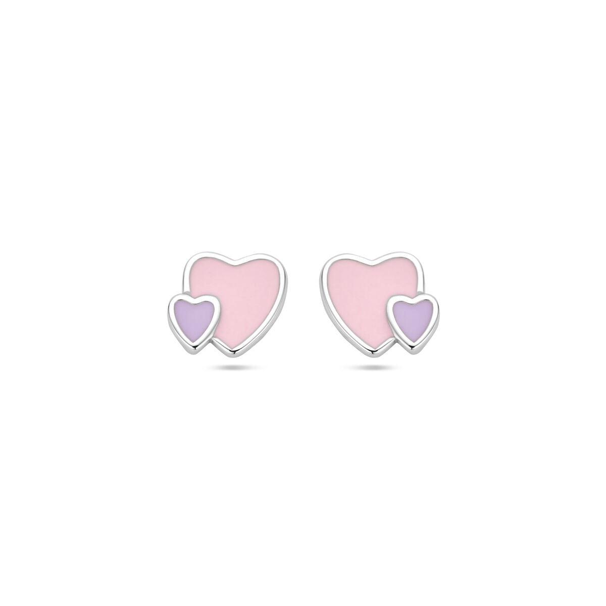 Boucles d'oreilles en argent pour enfants, en forme de cœurs, avec émail rose et violet.