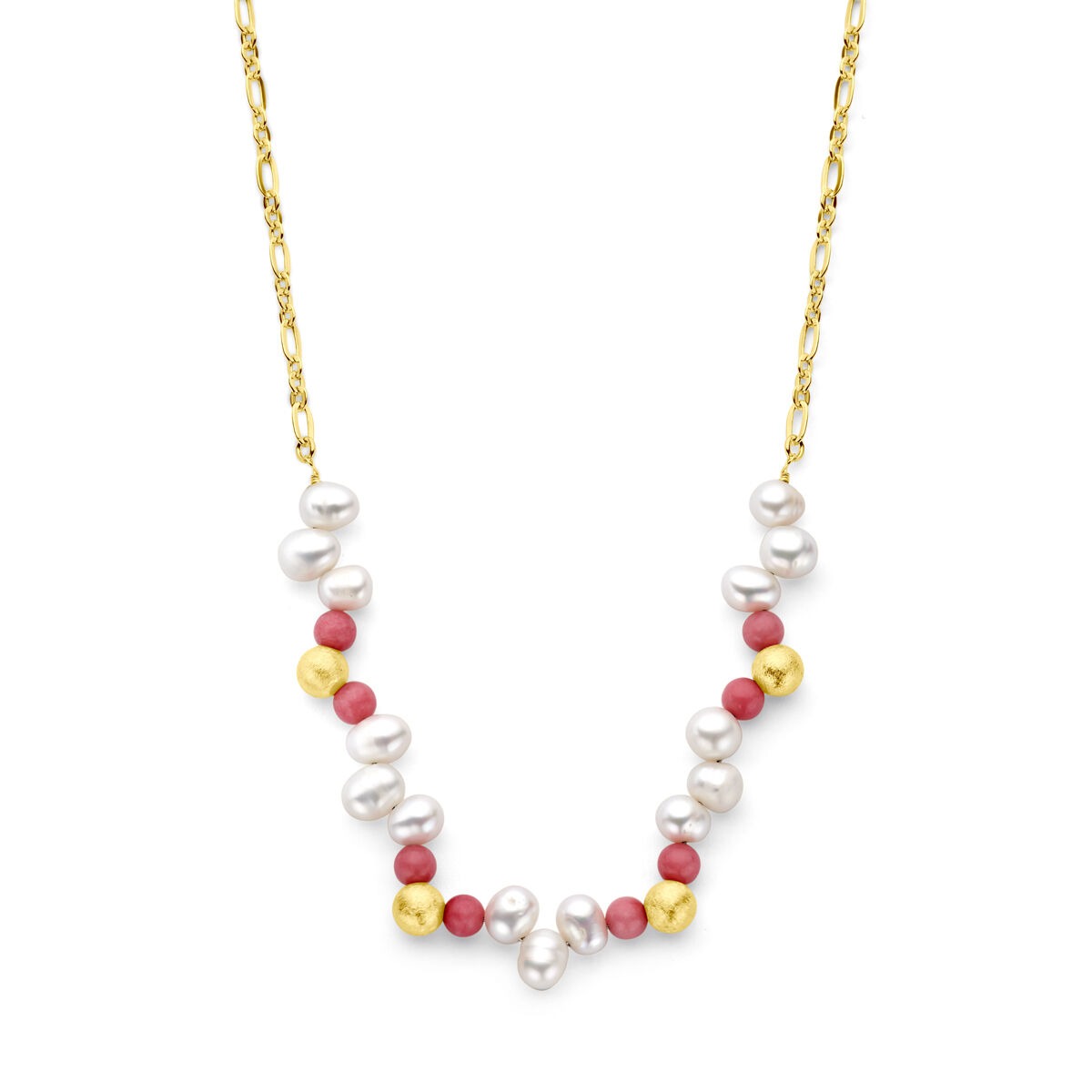 Verguld zilveren collier met zoetwaterparels, roze jade en gele accenten, 925 zilver.