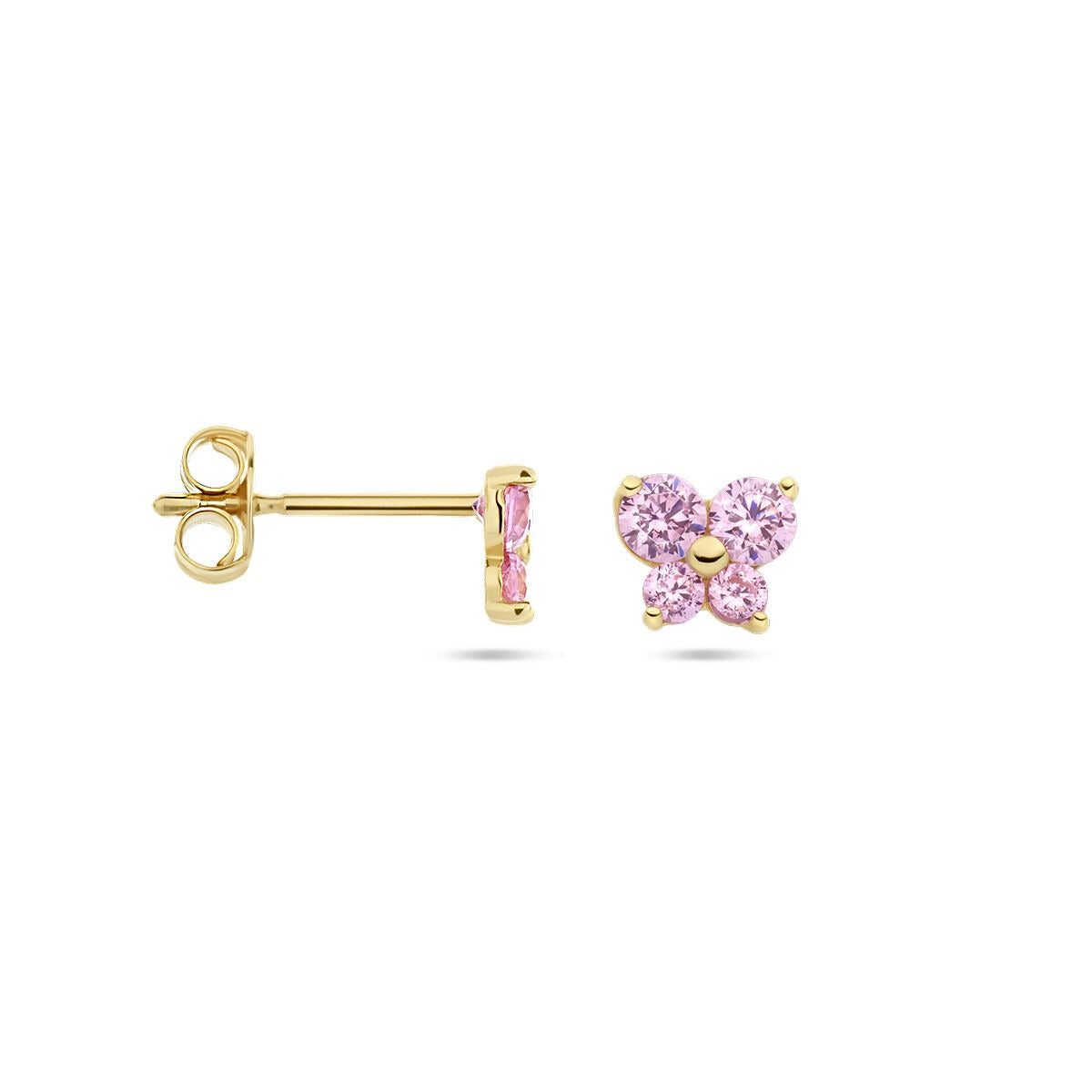 puces d'oreilles en or jaune 14k papillon avec zircone rose