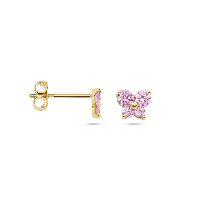 14k geelgouden oorknopjes vlinder met roze zirkonia