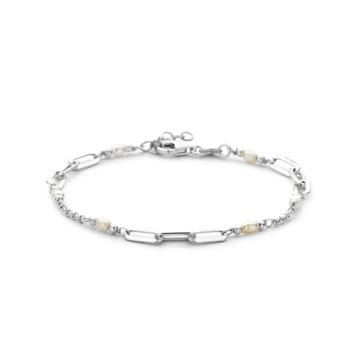 Bracelet en argent rhodié 925 avec perles d'eau douce et maillons allongés.