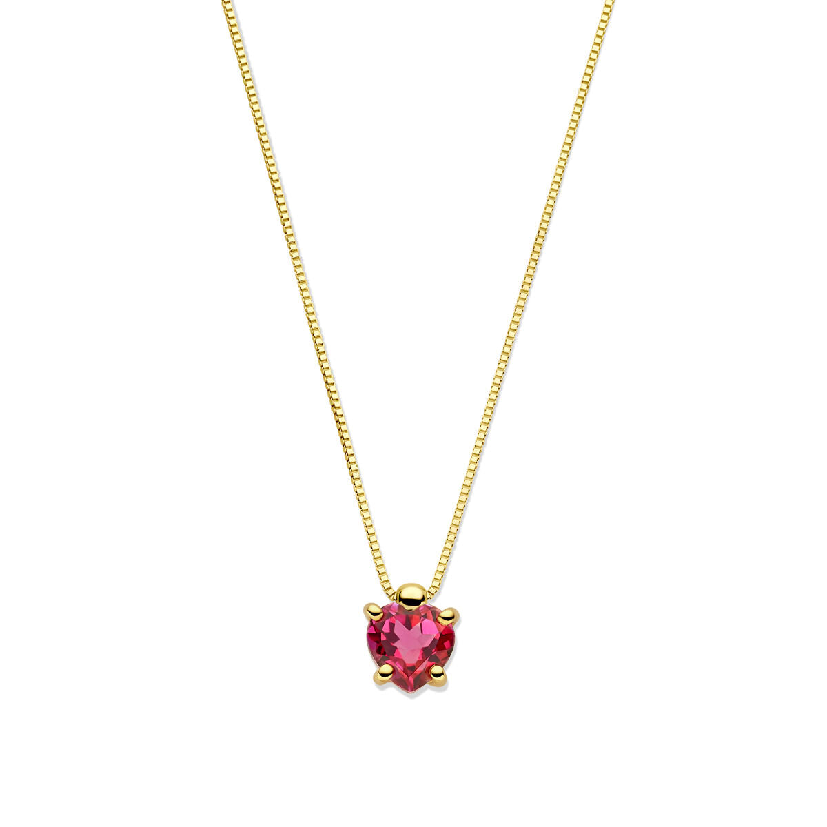 Collier en or jaune 14 carats avec pendentif en topaze rose en forme de cœur.