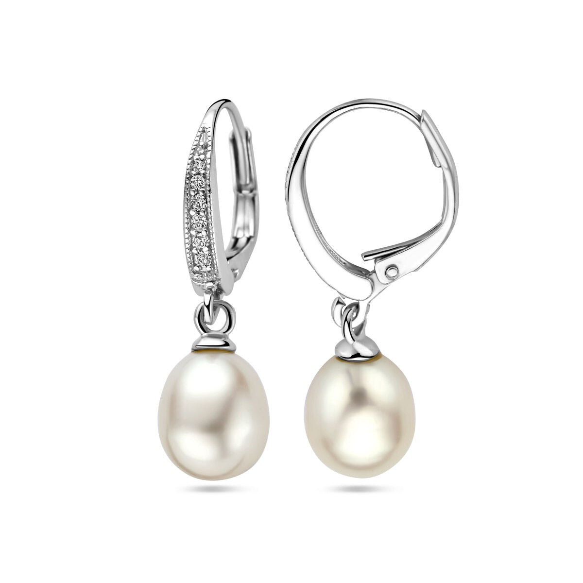 Boucles d'oreilles rhodiées 925 en argent avec zircone et perle d'eau douce