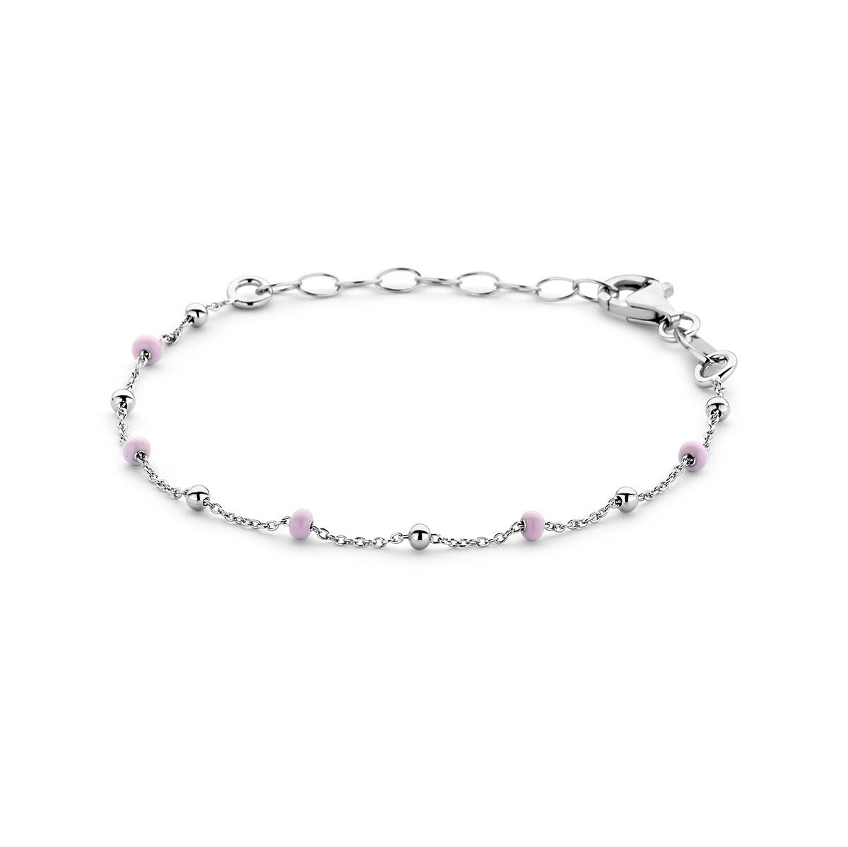 Bracelet en argent rhodié avec des perles en émail rose.