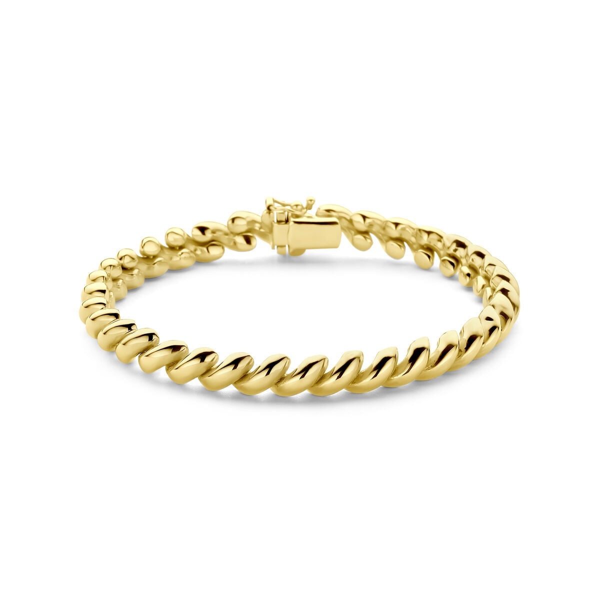 Bracelet en or jaune 14 carats avec fermoir à clip, motif torsadé.