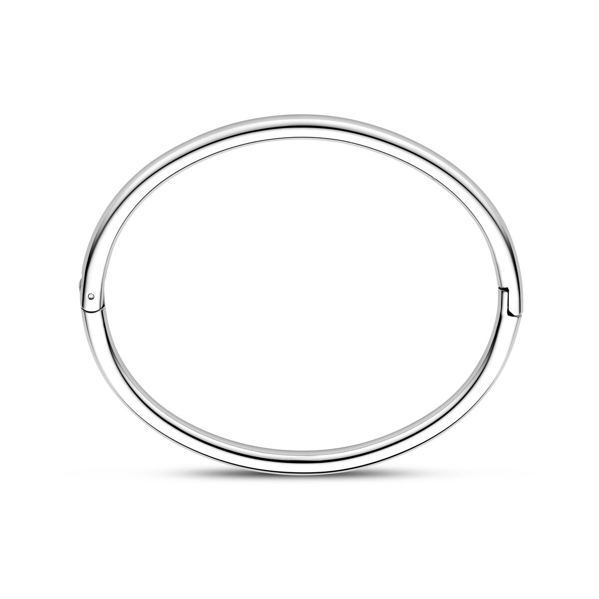 Bracelet jonc en acier argenté avec charnière, largeur de 4 mm et diamètre de 60 mm.