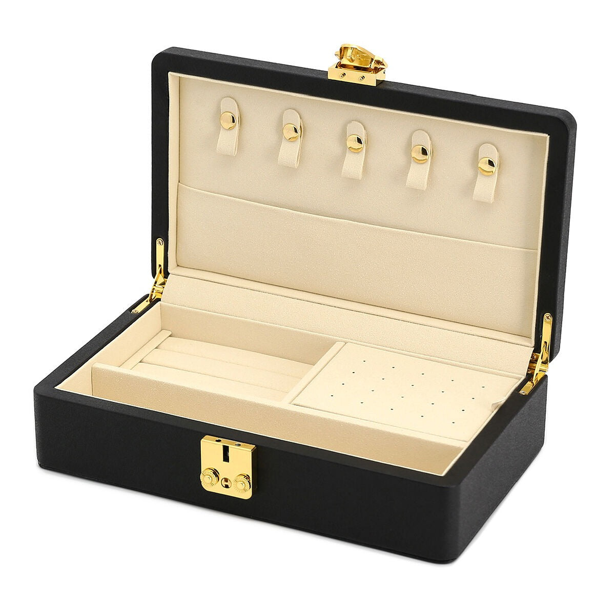 Boîte à bijoux de luxe noire avec des détails dorés – compacte et élégante