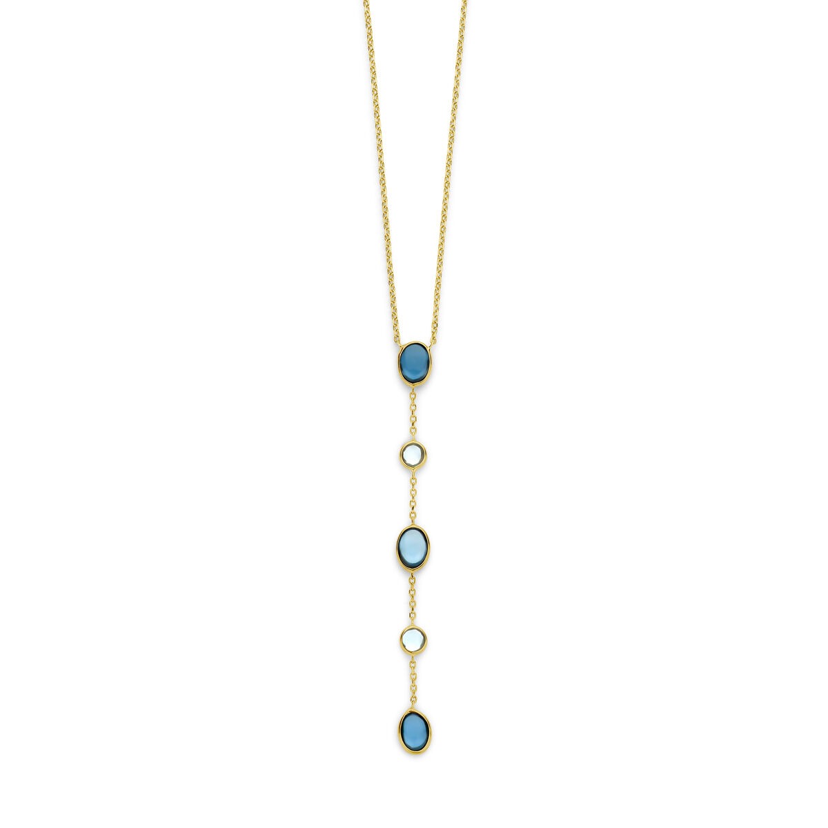 Collier en or 14 carats avec topazes London Blue et bleues, longueur de 45 à 47 cm.