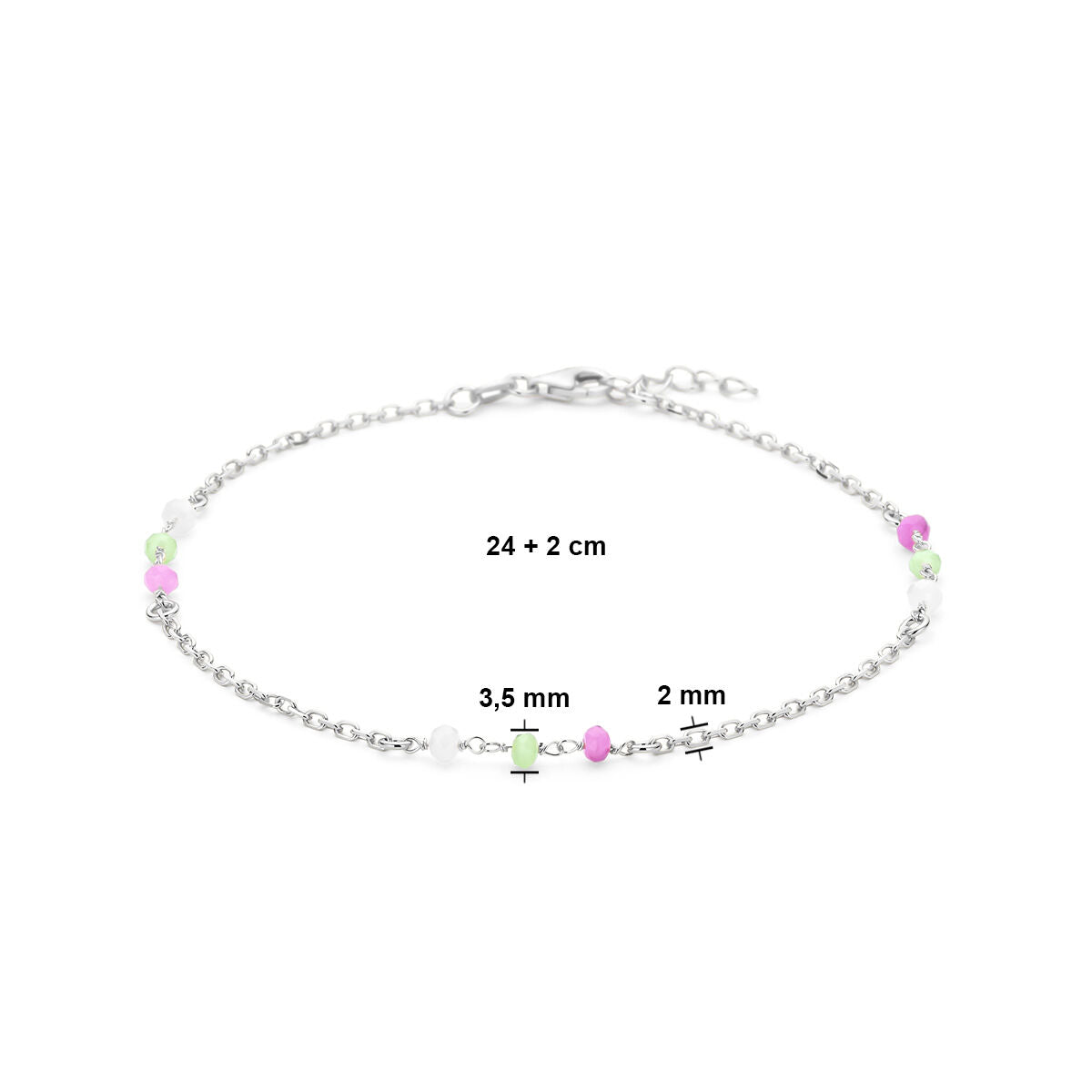 Bracelet de cheville en argent avec cristal en blanc, vert et rose
