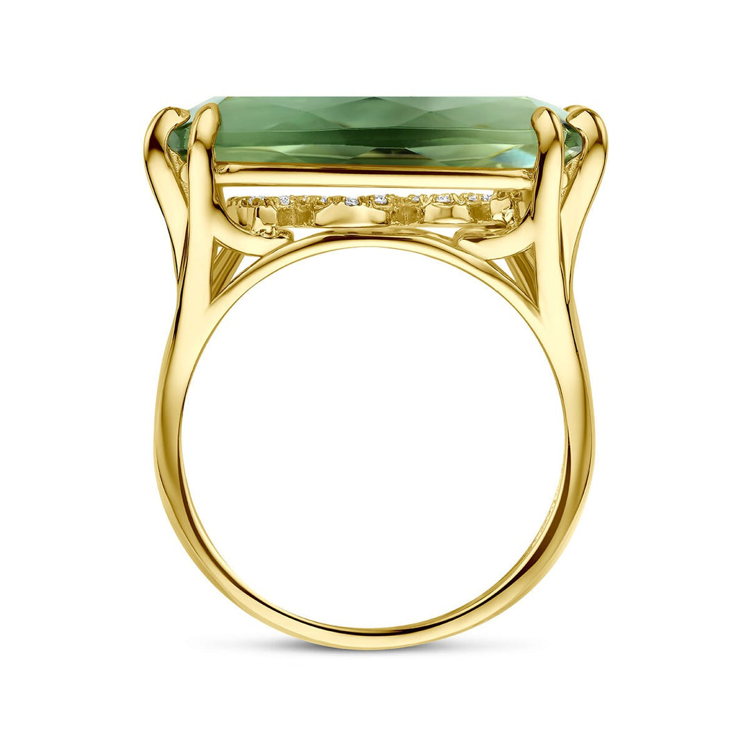 14k Geelgouden ring met groene amethist en diamant