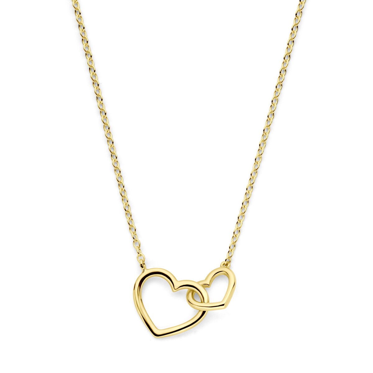 Collier en or jaune 14 carats avec deux cœurs entrelacés.