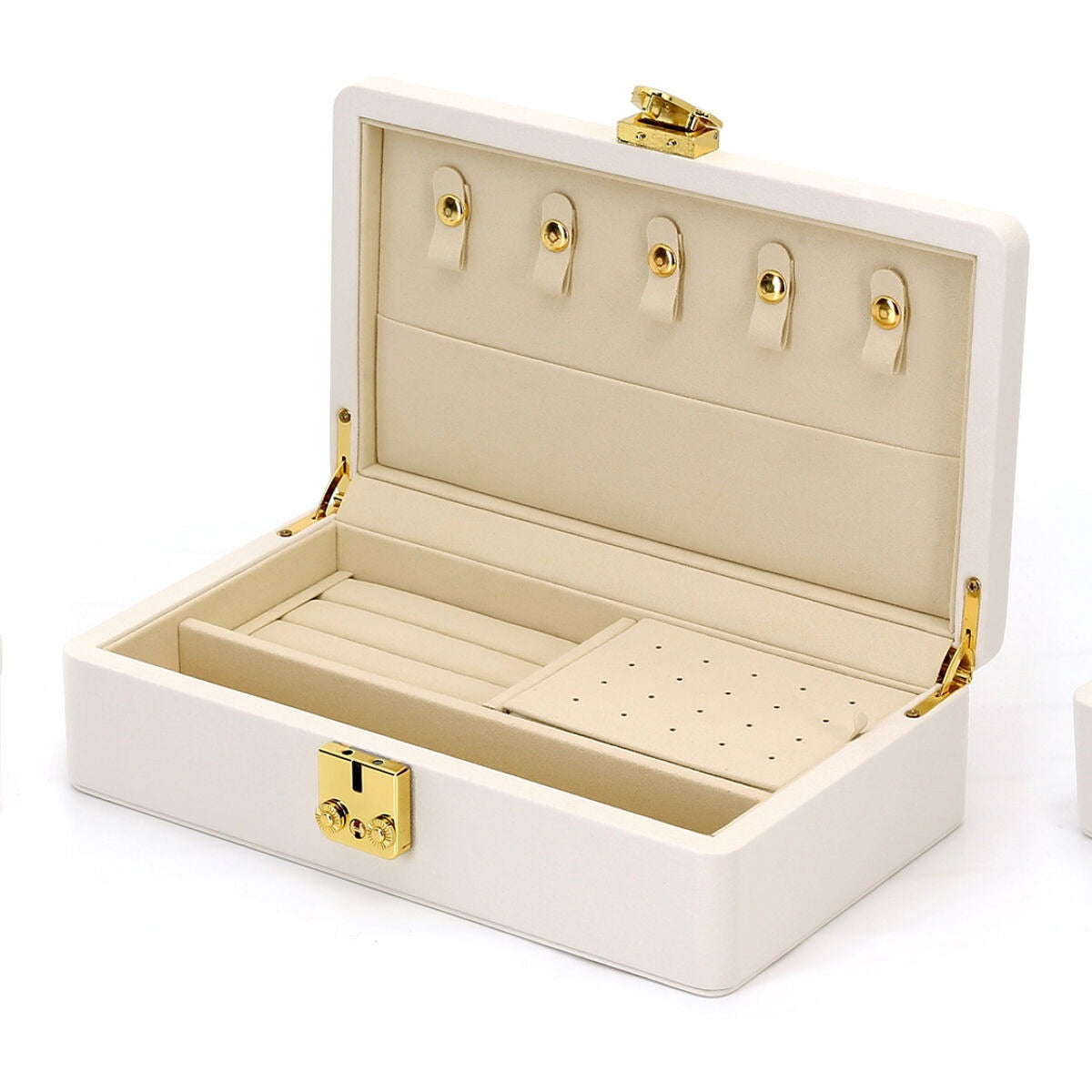 Boîte à bijoux de luxe beige avec accents jaunes – compacte et élégante