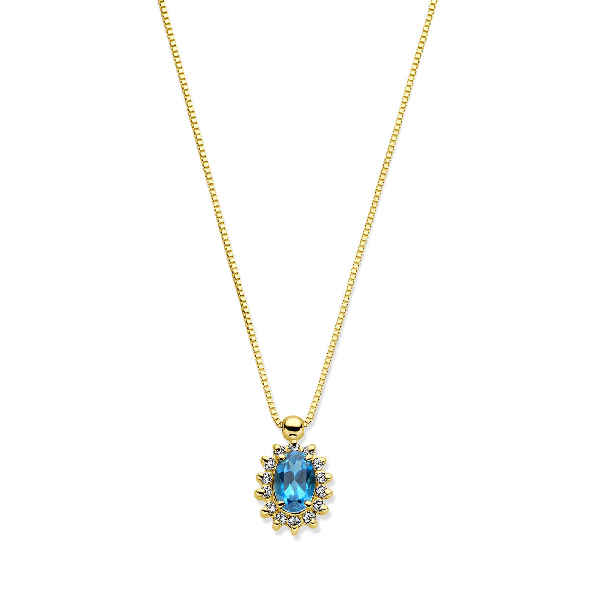 Collier en or jaune 14 carats avec topaze London Blue et diamant, pendentif ovale.