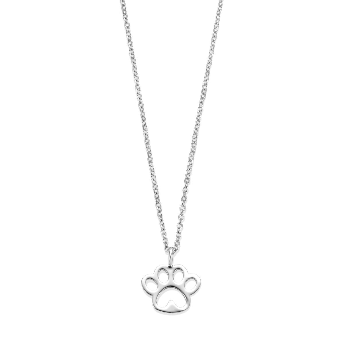 Collier en argent rhodié avec pendentif en forme de patte de chien, longueur de 36 à 39 cm.