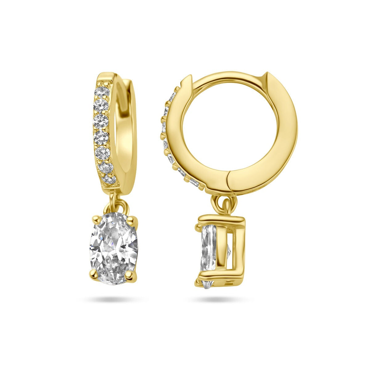 Boucles d'oreilles en argent doré avec zirconia ovale taillé en sertissage entourage.
