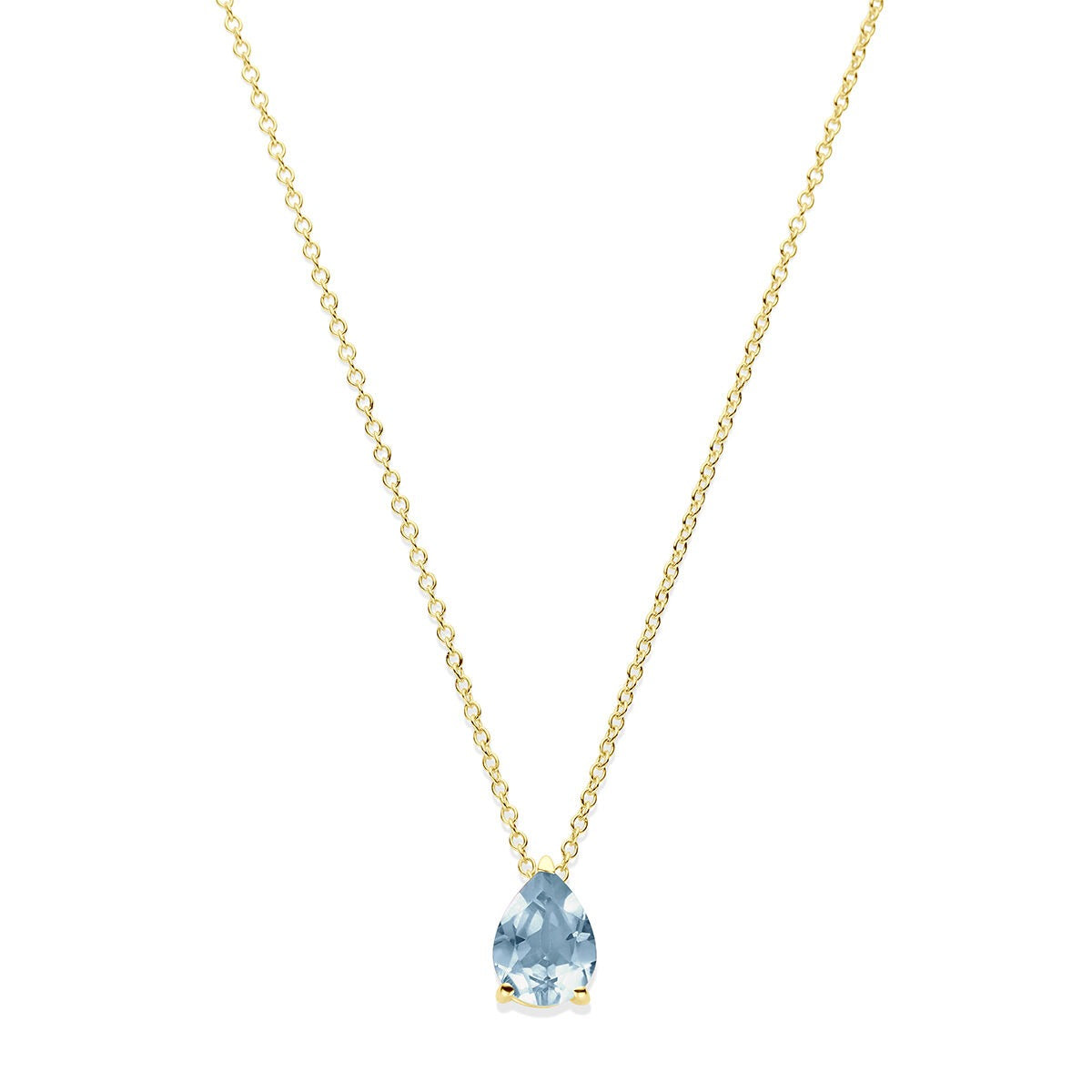 Collier en or jaune 14 carats avec topaze bleue en forme de poire.