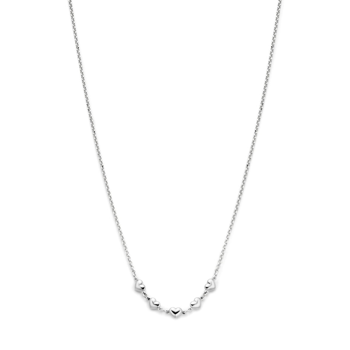 Collier en argent rhodié avec des cœurs, longueur de 41 à 45 cm.