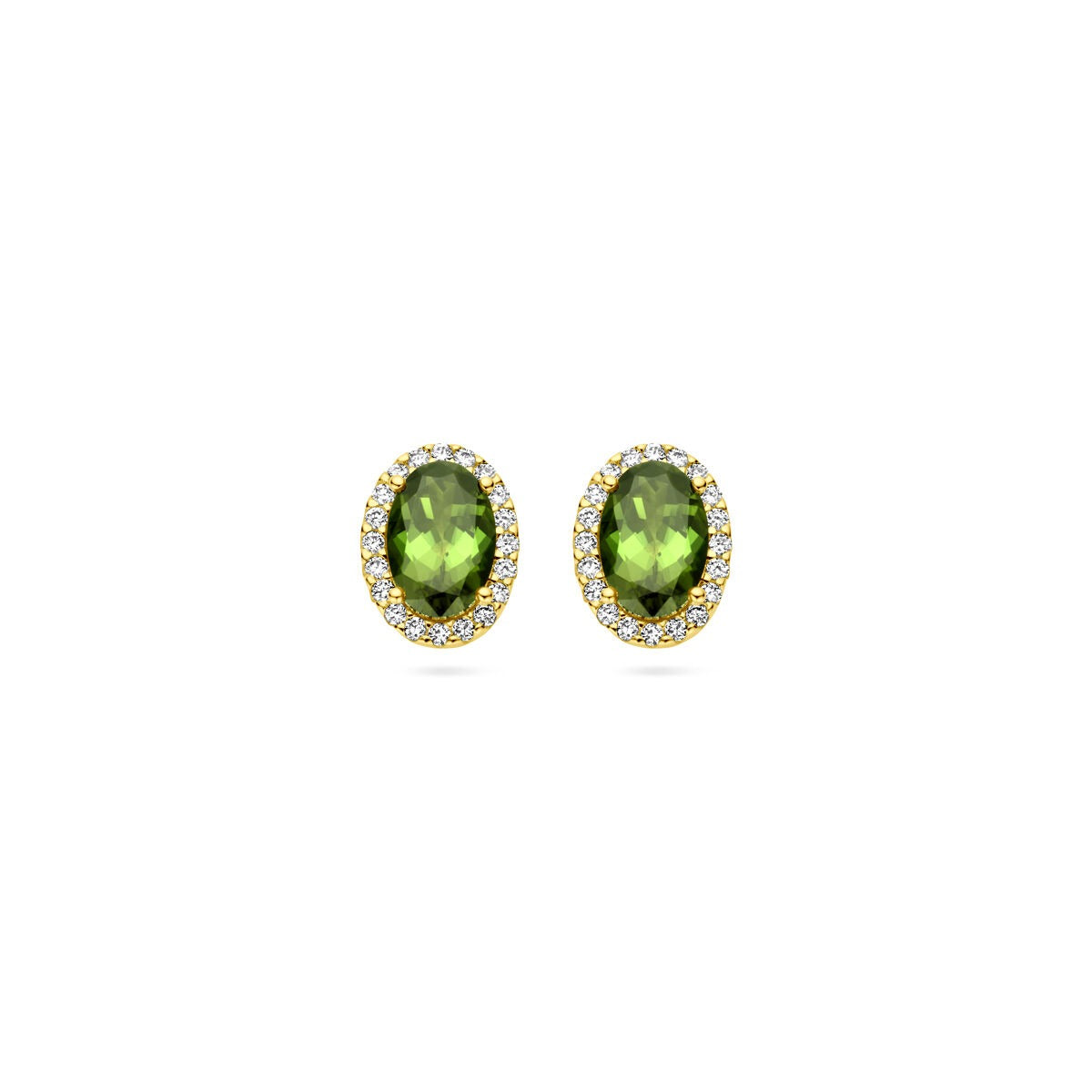 Boucles d'oreilles en or jaune 14 carats avec tourmaline et diamants, forme ovale.