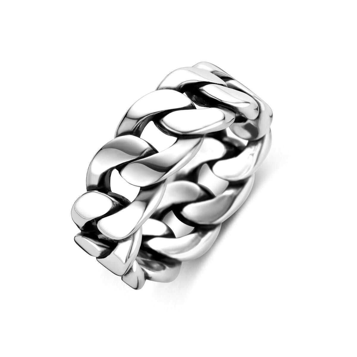 Bague en argent oxydé de 10 mm de large avec un design tressé.