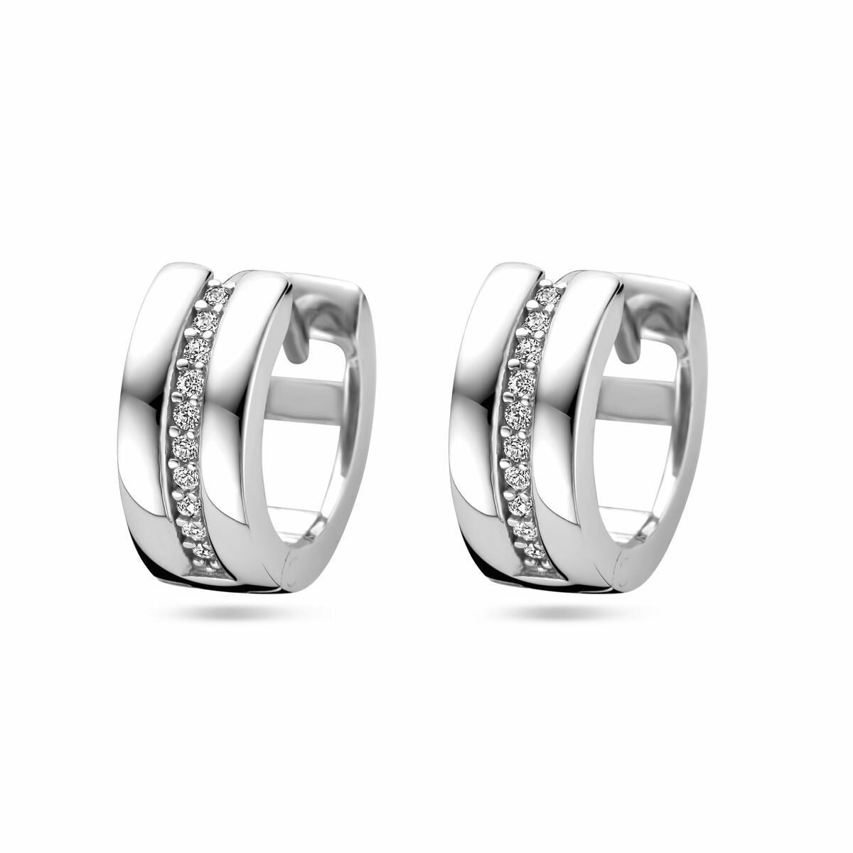Boucles d'oreilles en argent rhodié 925 avec zirkonia, au design moderne et brillant.