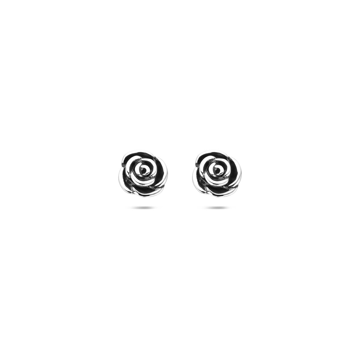 Boucles d'oreilles argentées avec motif de rose oxydé.