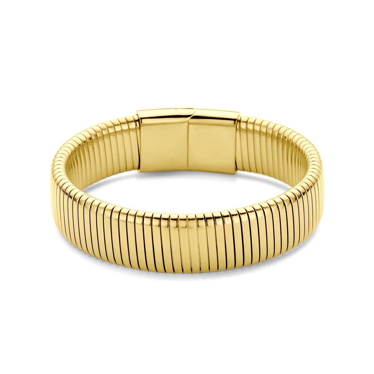 Bracelet en acier doré de 15 mm de largeur et 18,5 cm de longueur.