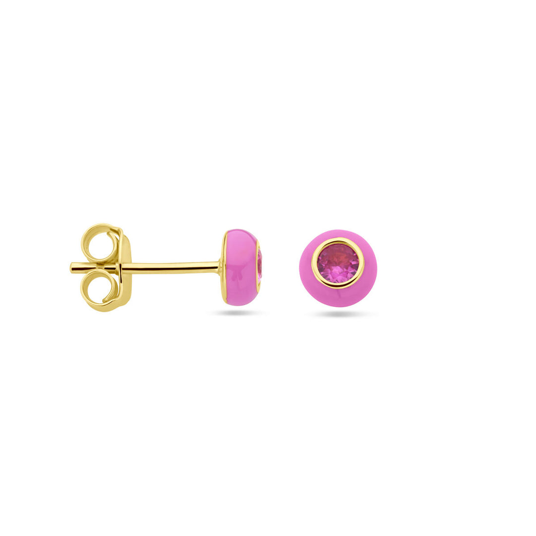 Vergulde zilveren oorknopjes met roze emaille en roze zirkonia