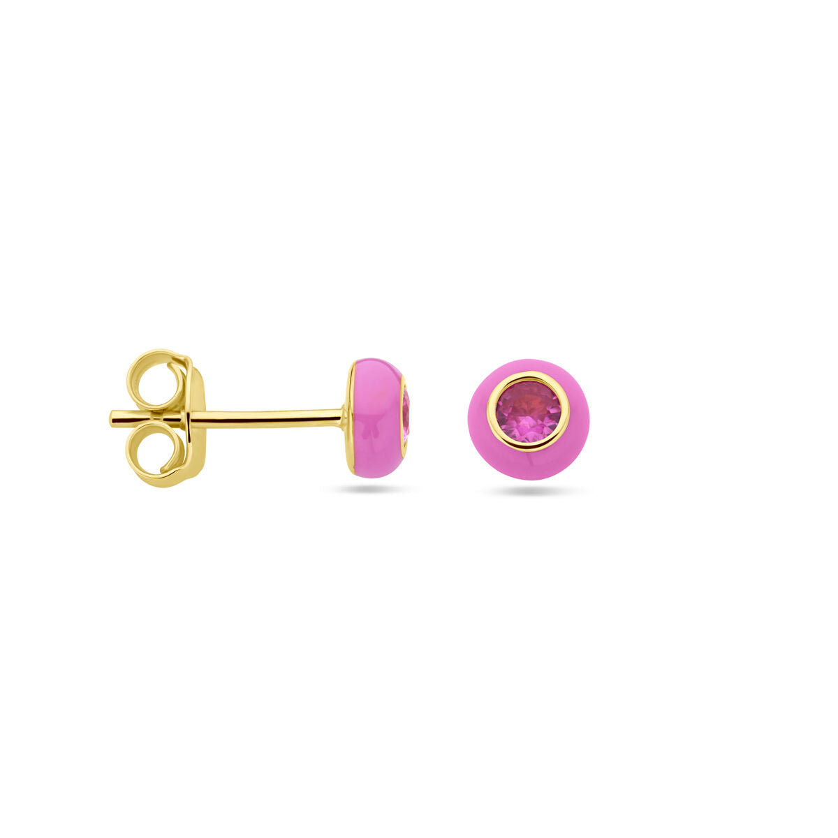 Puces d'oreilles en argent plaqué or avec émail rose et zircone rose