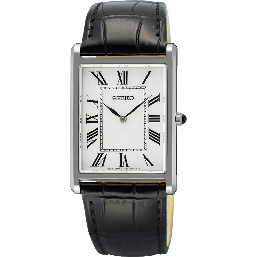 Montre rectangulaire avec cadran blanc, chiffres romains noirs et bracelet en cuir noir.