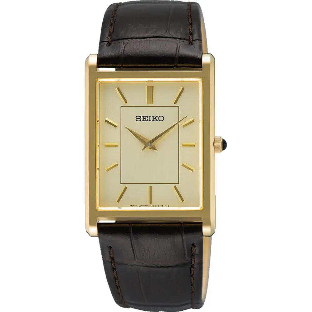 Montre rectangulaire dorée avec cadran beige et bracelet en cuir marron.