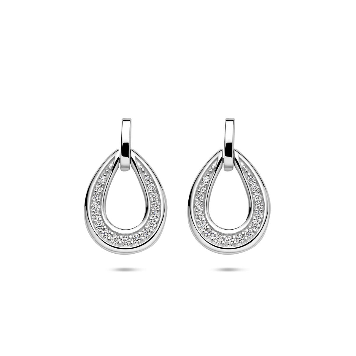 Boucles d'oreilles en argent rhodié avec zirconiums en style entourage, en forme de goutte.